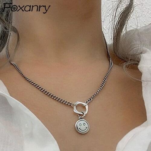 Foxanry 925 Sterling Silver Necklace for Women New Trend Couples Hollow Geometric Smiley Clavicle Chain Thai Silver Jewelry Gift