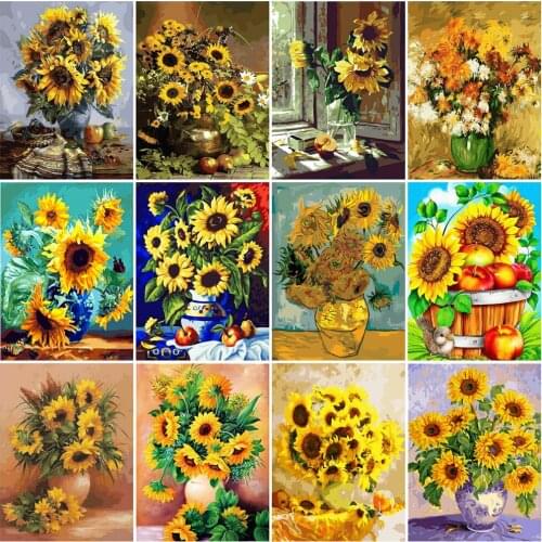 HUACAN Painting By Numbers Sunflower DIY Drawing Canvas Hand Painted Pictures By Number Flower Home Decoration