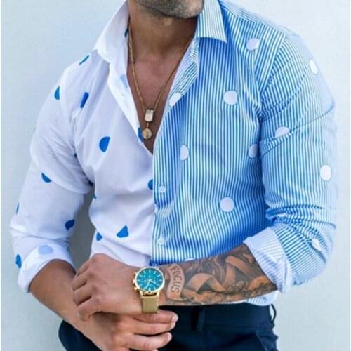 Hot Sale Men Hawaiian Shirts POLKA DOT STRIPE PRINT LONG-SLEEVED SHIRT