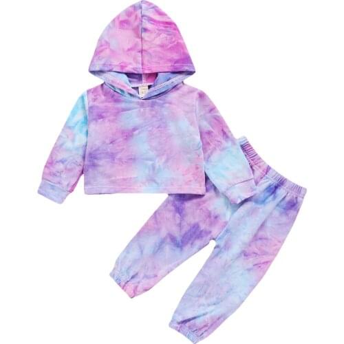 New 1-4Years Kids Baby Girls Tid-dye Hooded Long Sleeve Top + Pants Autumn Sports Clothing Set