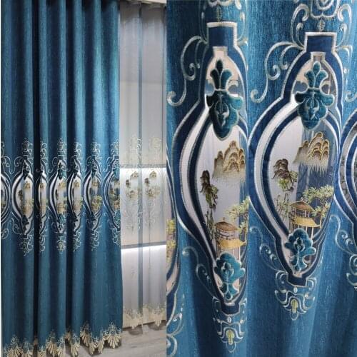 New Blue Chinese Style Hollowed Living Room Study High-end Chenille Embroidered Curtains Finished Custom Embroidered Curtains
