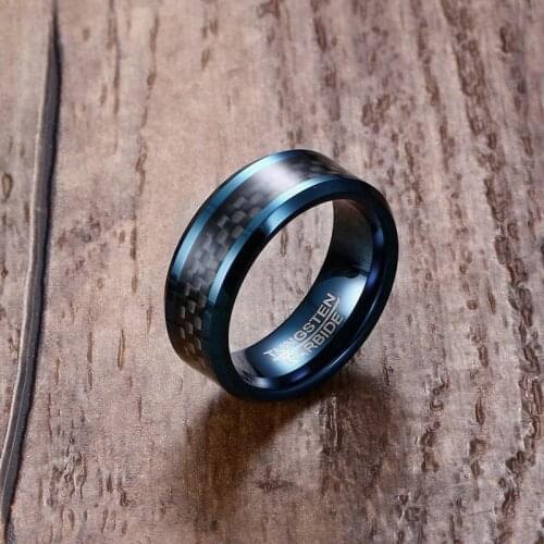 Free Engraving 8mm Mens Polished Blue Tungsten Carbide Wedding Rings With Black Carbon Fiber Inlay