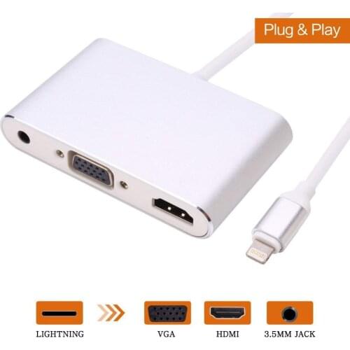 3 IN 1 for Lightning to Digital AV Multiport HDMI VGA & Audio Adapter with Micro USB Charging Cable +3.5mm Audio Port for iPhone