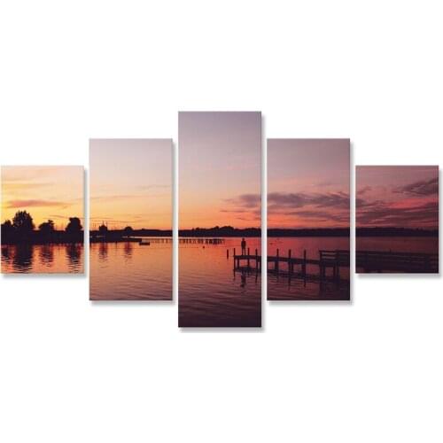 Pier Sunset Lake Water Canvas Painting 5 Pieces Wall Art Canvas Print Poster Wall Decor Paintings for Bedroom Decoration
