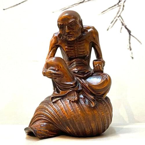 Q4402 - 11 * 9 * 7 CM Hand Carved Boxwood Figurine Carving : Luo Han Monk on Snail