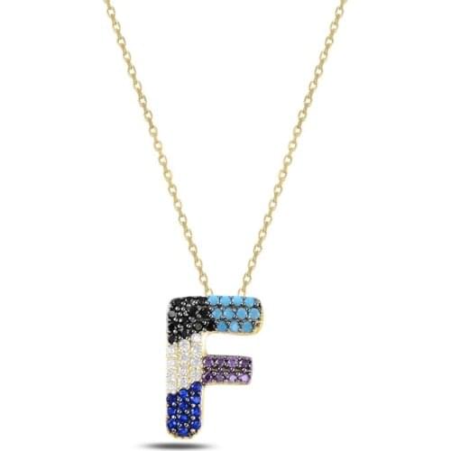 Silver 925 Set-F-Letter Colorful Zircon Stone Ghost Pendant