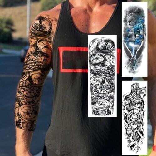 Compass Full Arm Tattoo Sticker For Men Women Black Extra Large Temporary Tattoos Sleeve Realistic Fake Lion Tatoo Wolf Clock