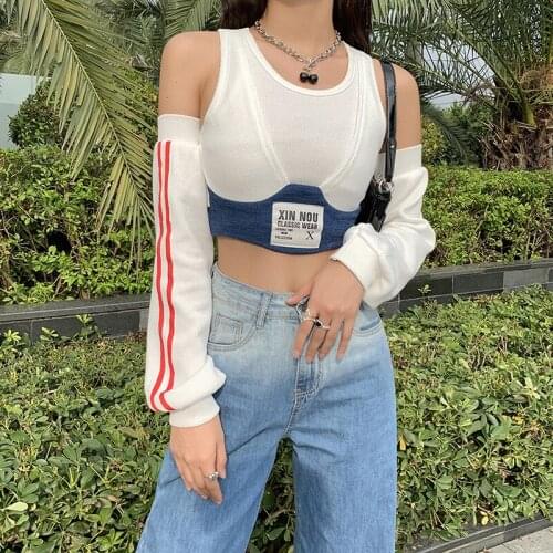 Womens Sexy Crop top Sleeveless Scoop Neck Rib Knitted Patchwork Crop Tank Top with Striped Arm Sleeves Female Fashion Outfits