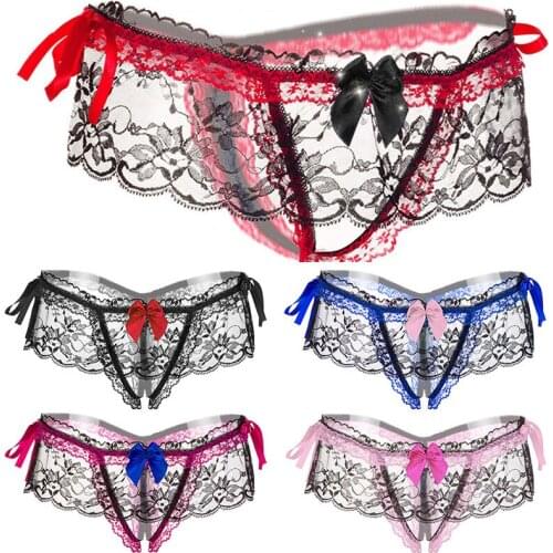Women Sexy Opening Crotch Panties Lace Transparent Underwear Low Waist Bandage Exotic G-string Thong Briefs Female Lingerie