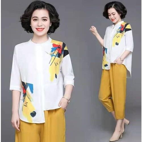 Womens Clothes 2021 Plus Size Summer Two Piece Set Women Loose Printed Shirt Tops + Pants Suits Office Lady Fashion Sets X130