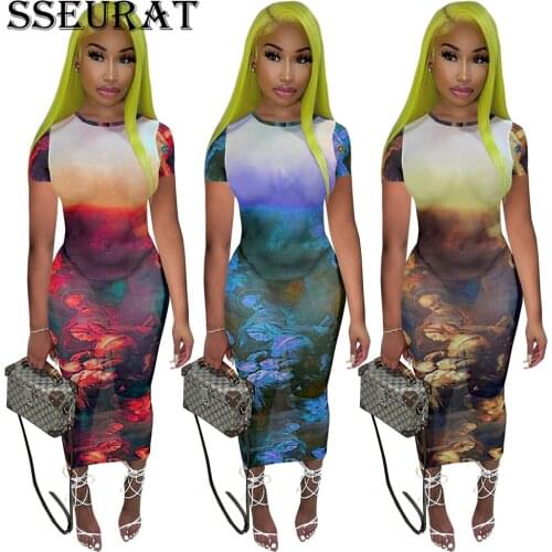 SSEURAT Women Mesh See Though Painting Angel Bodycon Long Dress Sexy Night Party Clubwear Short Sleeve Maxi Beach Dresses