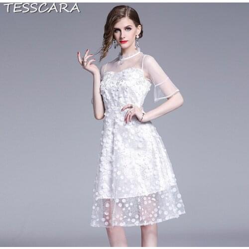 TESSCARA Women White Mesh Dress Festa Female High Quality Flower Girl Robe Femme Embroidery Designer Wedding Party Vestidos