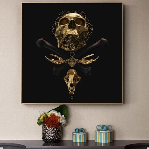Golden Skull With Black Ox Horn Canvas Painting On Wall Art Posters And Prints Abstract Modern Art Fabric Pictures For Room