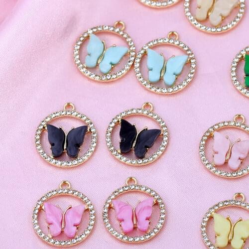10Pc/set 8 Color Butterfly Acrylic Charms Golden Round Frame Full Rhinestone Cute DIY Insect Pendant Handmade Jewelry Wholesale