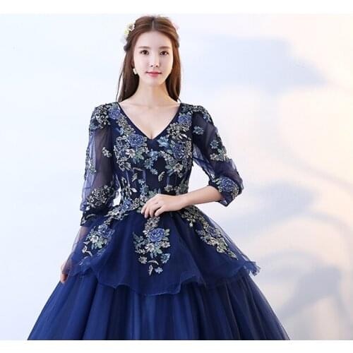 100%real navy v neck ball gown Medieval Renaissance gown Sissi princess dress Victorian /Marie Antoinette/ Belle