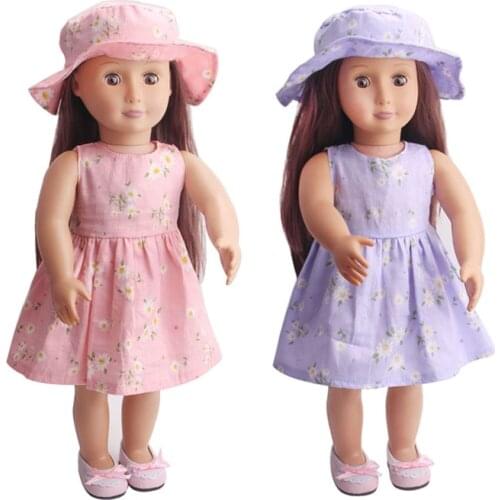 18 Inch American Doll Girls Summer Print Dress + Sun Hat Newborn Baby Toys Accessories Fit 40-43 Cm Boy Doll Gift c232
