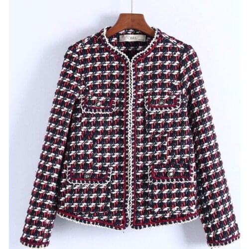 2021 Winter Cashmere Coat Female Pocket Casual Vintage Plaid Plus Size Wool Clothes Crochet Texture Short Jacket Women Tops A474