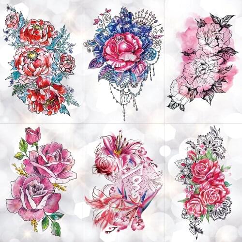 Watercolor Triangle Geometric Round Rose Temporary Tattoo Sticker Flower Peony Pendant Waterproof Tattoo Art Fake Tatoo