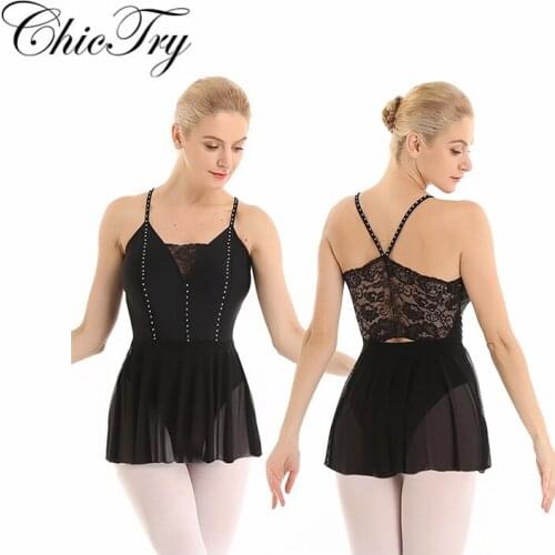 Women Adult Dancer Ballerina Dance Dress with Shiny Rhinestones Lace Back Leotard Bodysuit Ballet Dance Performance Tutu Dress