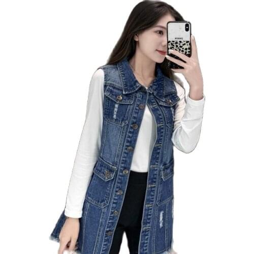 Large Size Women Denim Jeans Vest Spring Autumn New Korean Style Long Denim Coat Female Casual Sleeveless Cardigans Jacket Q69