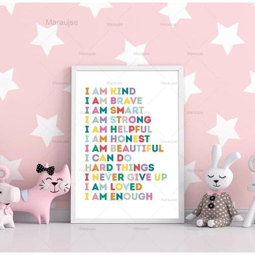 Kid Affirmations Wall Art Canvas Painting I Am Kind I Am Enough Wall Art Decor Colorful Poster Prints Nursery Kids Room Playroom