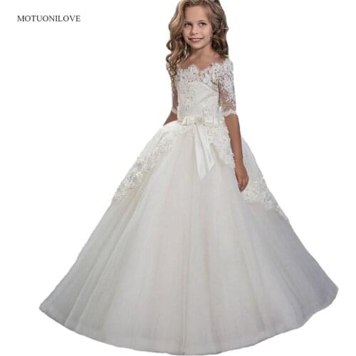 Kids First Communion Dress Half Sleeves Floor Length Embroidery Luxury Flower Girl Princess Wedding Pageant Ball Gown Prom Dress