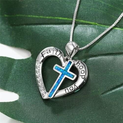 Elegant Female Cross Opal Pendant Necklace Cute Crystal Love Heart Wedding Necklace Charm Silver Color Chain Necklaces For Women