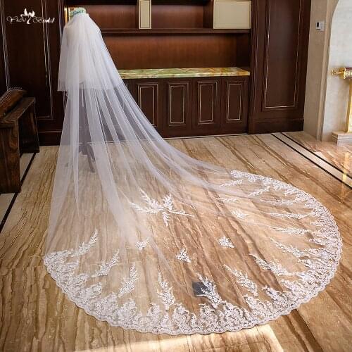 LZP309 Real Bridal accessories Applique Edge Bridal Veil 4 Meters And 3 Meters Wedding Veil Two Layer Cathedral Wedding Veil
