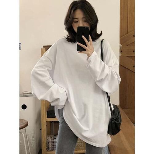 Spring autumn Solid Simple oversized tshirt harajuku basic long T Shirt Women kawaii T-shirts Women green White long Sleeve Tops