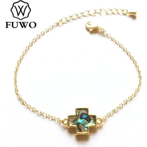 FUWO Natural Seashell Cross Bracelet with Gold Trimmed Abalone/Pink/Black/White shell Christianity Jewelry Gift For Women BR522