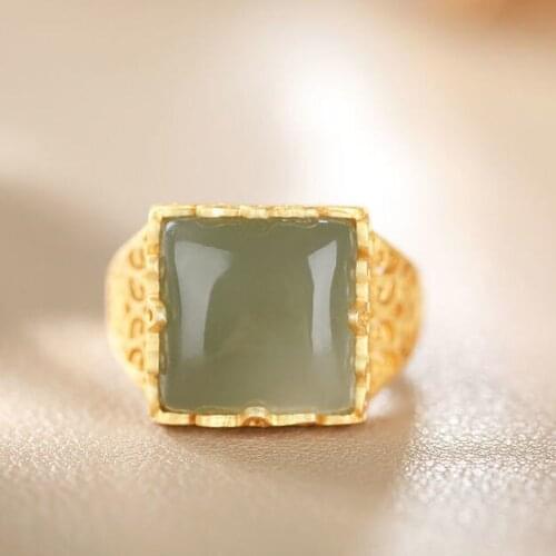 Natural Hetian Jade Southern Red Agate Ring S925 Sterling Silver Jasper Square Ring Vintage Hollow Ring Ornament for Women