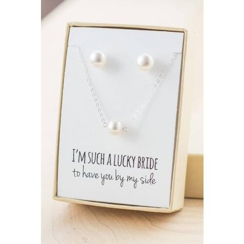 Personalize wedding Bridesmaid proposal Single Freshwater Pearl Necklace Freshwater Stud Earrings set - Bridesmaid Pearl Gifts