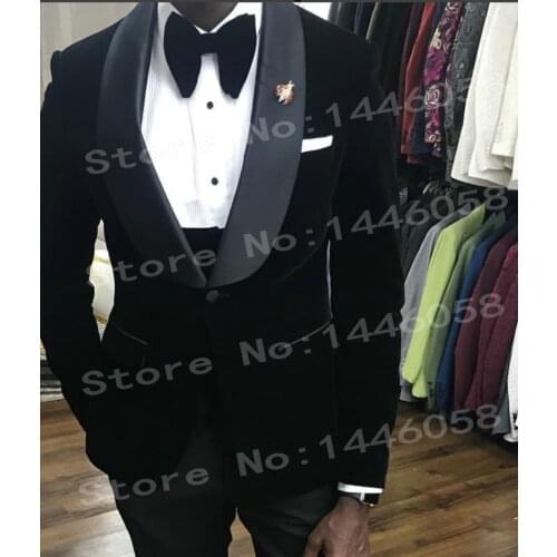 Costume Homme 2018 Elegant Fashion Design Slim Fit 3 Pieces Groomsmen Black Velvet Men Prom Dress Suits For Wedding Groom Tuxedo