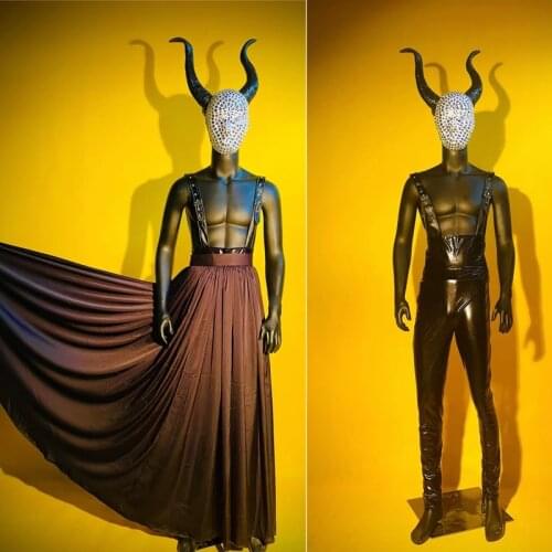 Halloween Costume Full Diamond Headdress Strap Jumpsuit Skirt Male Gogo Costume Festival Clothing Nightclub Rave Outfit XS2456