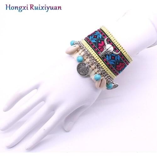 Bohemian leather friendship bracelet ladies alloy cow head handmade charm Bracelet & Bangles ethnic pattern jewelry