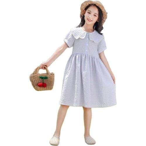 Summer Cotton Dress For Girl New Korean Version Short-Sleeve Fashion Doll Collar A-Line Middles Skirt Casual Childrens Clothing