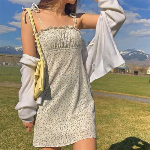 Summer Women Floral Loose A-Line Tube Top Dress Kawaii Sleeveless Tie-Up Spaghetti Strap Ruffle Mini Dress