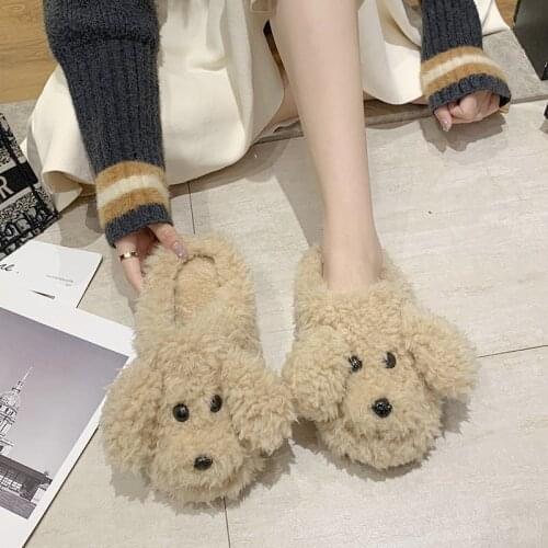 Dog Cartoon Family Slippers Woman Design Lovely Animal Female Slippers Winter Warm Furry Slippers Soft Indoor Shoes