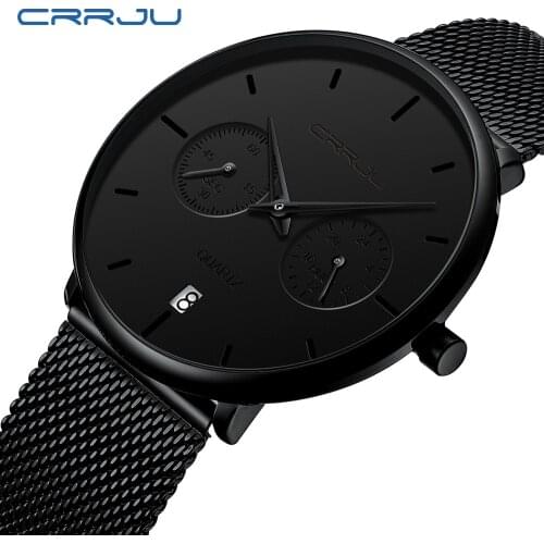 Relogio Masculino CRRJU Sport Casual Waterproof black Watch for Man Fashion Quartz Full Steel Watch Mens Auto Date Unique Watch