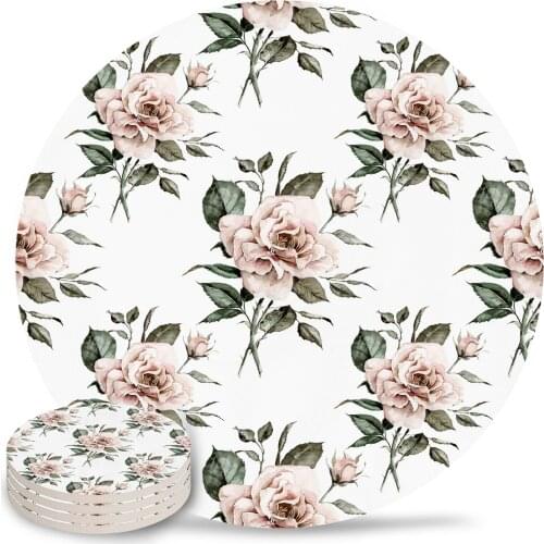Faded Pink Rose Round Coaster Set Non-slip Heat Proof Ceramic Coffee Drink Coasters Table Decoration Placemats