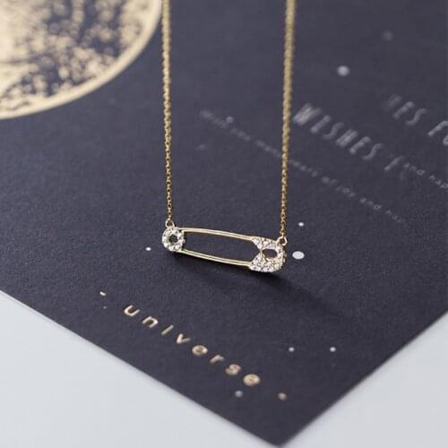 Real 925 Sterling Silver Safety Pin Necklace for Women Cubic Zirconia Pin Shape Necklaces Charms Jewelry