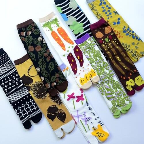Women Cartoon Combed Cotton Two Toe Socks Japanese Multicolor Jacquard Split Toe Socks Flowers Art Cute Middle Tube Tabi Sock