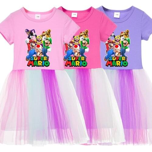 2021 new girls summer cartoon super mario printed mesh stitching short-sleeved dress performance birthday gift princess dress