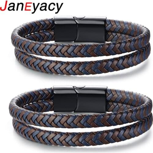 New Listing Double weave Leather Bracelet Mens Popular Jewelry Magnetic buckle Stainless Steel Ladies Bracelet Gift Pulseira