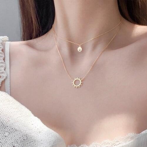 S925 Sterling Silver Necklace for Women Smiling Face Sun Double Simple 2020 New Clavicle Chain Jewelry Accessories Wholesale