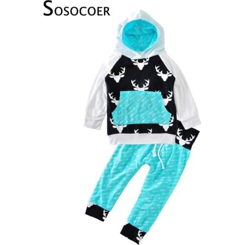 SOSOCOER Boy Clothing Sets Autumn Cartoon Deer Hooded T Shirt+Arrow Pants Baby Clothes Christmas Reindeer Girl Clothing Set