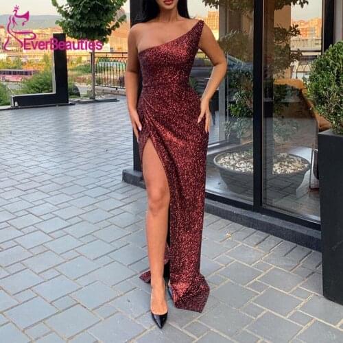 One Shoulder Mermaid Evening Dress 2020 Sequins Side Slit Long Evening Gowns Formal Dresses Robe De Soiree Abiye Gece Elbisesi