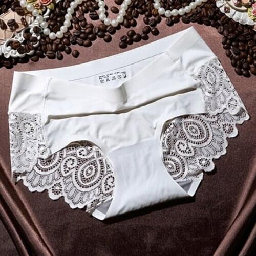 Womens Sexy Lace Panties Seamless Underwear Soft Comfortable Smooth Ice Silk Underpants Breathable Cotton Crotch Elastic Briefs