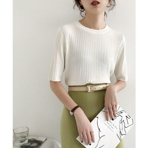 2021 Ins New Fashion Women Shirts Knitted Shirts Summer Short Sleeve Women O-neck Knit Shirts Tops