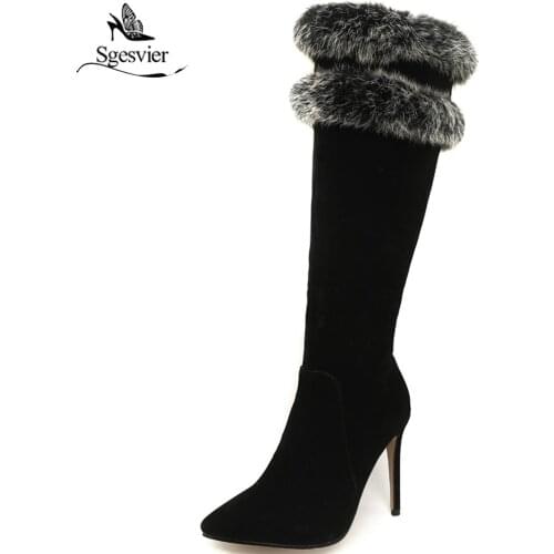 Sgesvier Black Brown Winter Shoes Women Knee High Boots Side Zipper Western Thin High Heels Pointed Toe Snow Ridding Boots B717